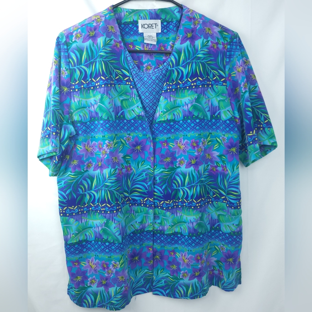 Koret 80s Hawaiian 2 in 1 Look Blue Green Purple Floral Beach Shirt Blouse Aqua